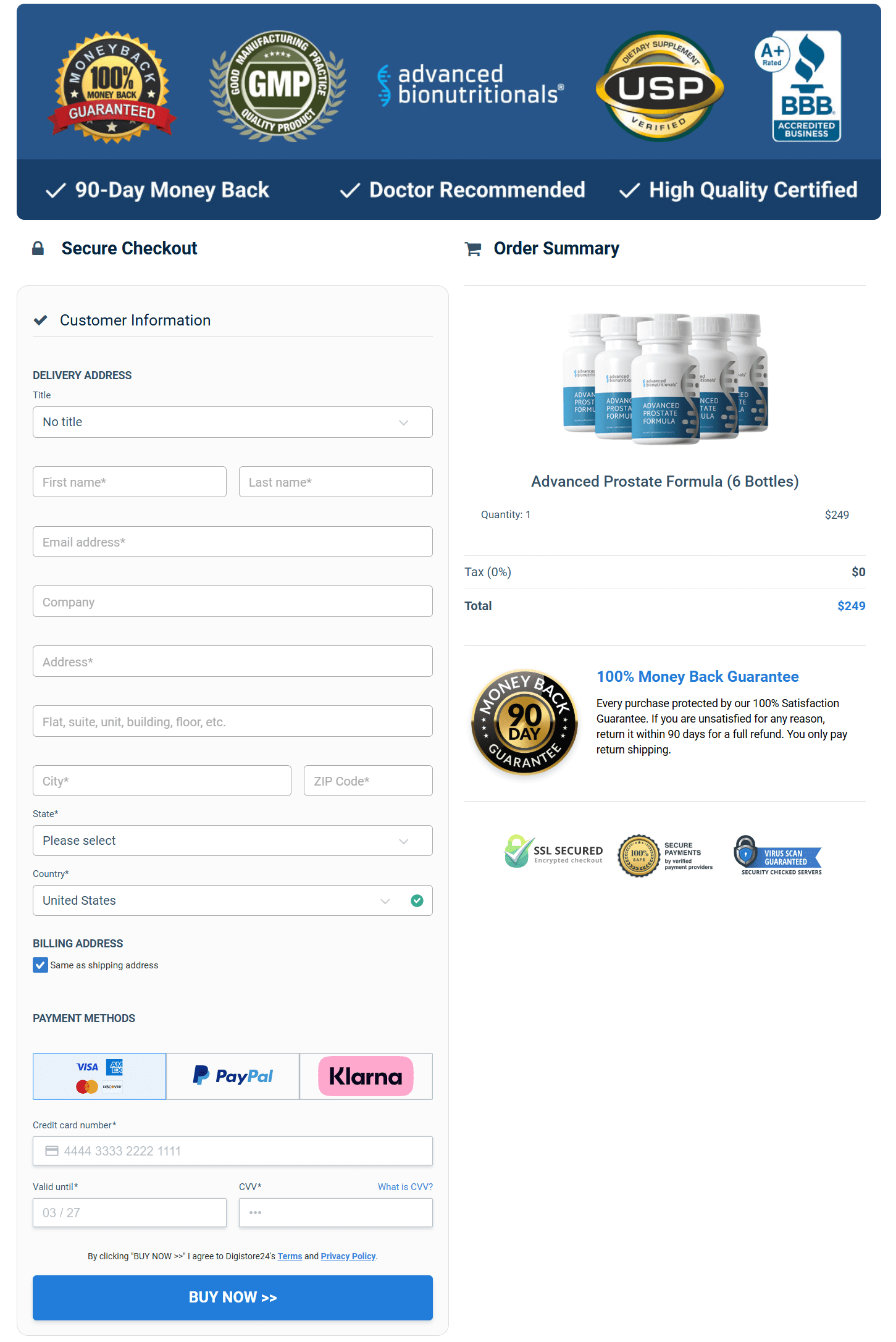 Advanced Prostate Formula checkout page
